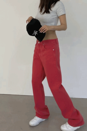 水洗標單釦紅色直筒褲