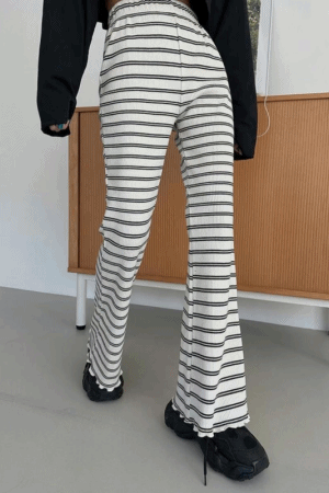 雙條紋坑條彈力喇叭褲(闆娘.花花清單)