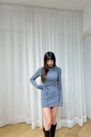 綁帶美背坑條短洋裝