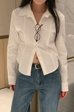 彈性顯腰身排釦素色襯衫