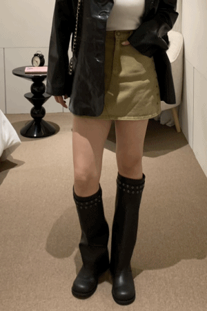 斜紋布側鉚釘短裙(闆娘.花花清單)