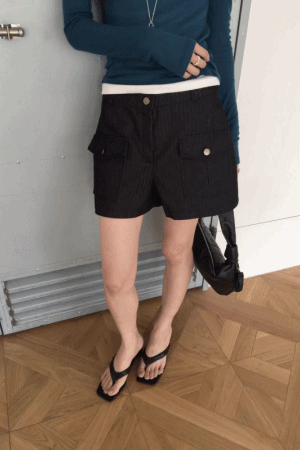 方口袋牛仔條紋短褲