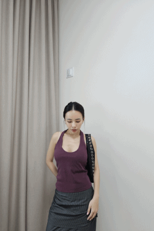 掛脖低領水洗坑條棉背心