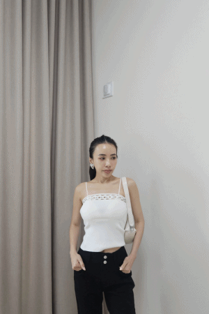 亮鑽珍珠平口簍空棉質背心