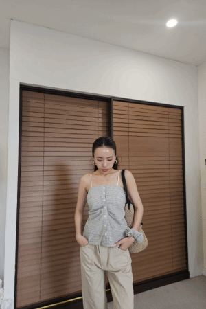平口小格紋排扣背心+髮圈兩件組