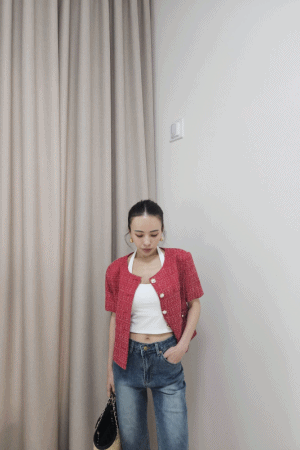 珍珠扣短袖小香外套