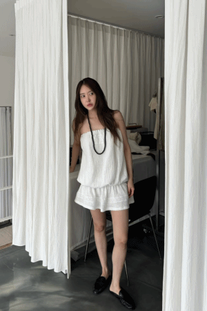 泡泡棉麻蕾絲平口洋裝