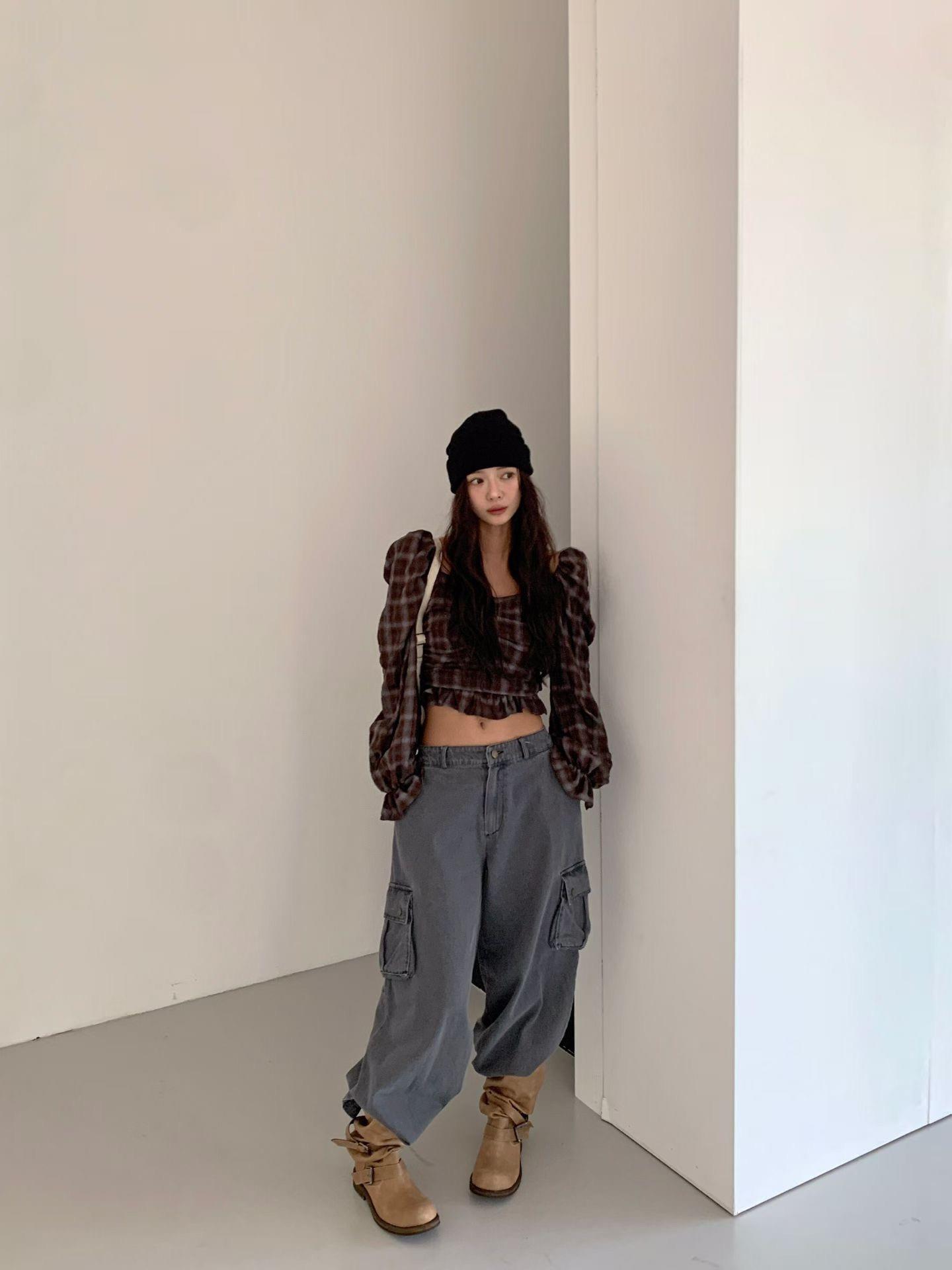口袋牛仔寬長褲