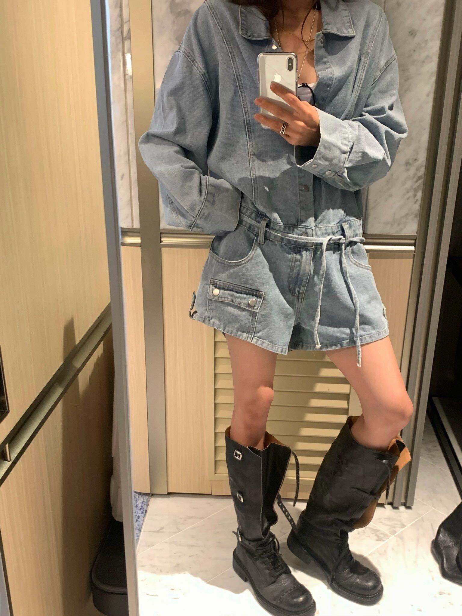 牛仔綁帶連身短褲