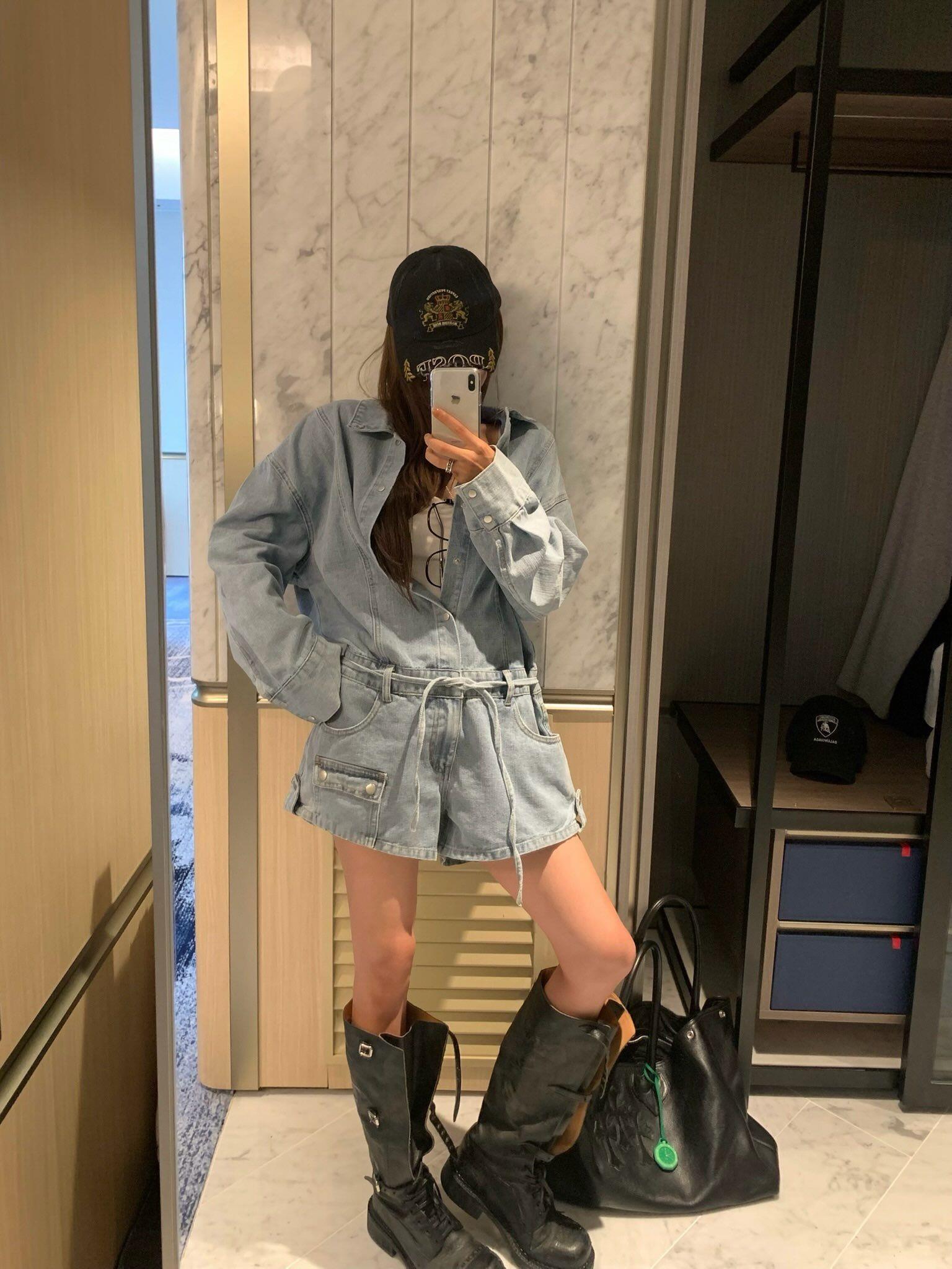 牛仔綁帶連身短褲