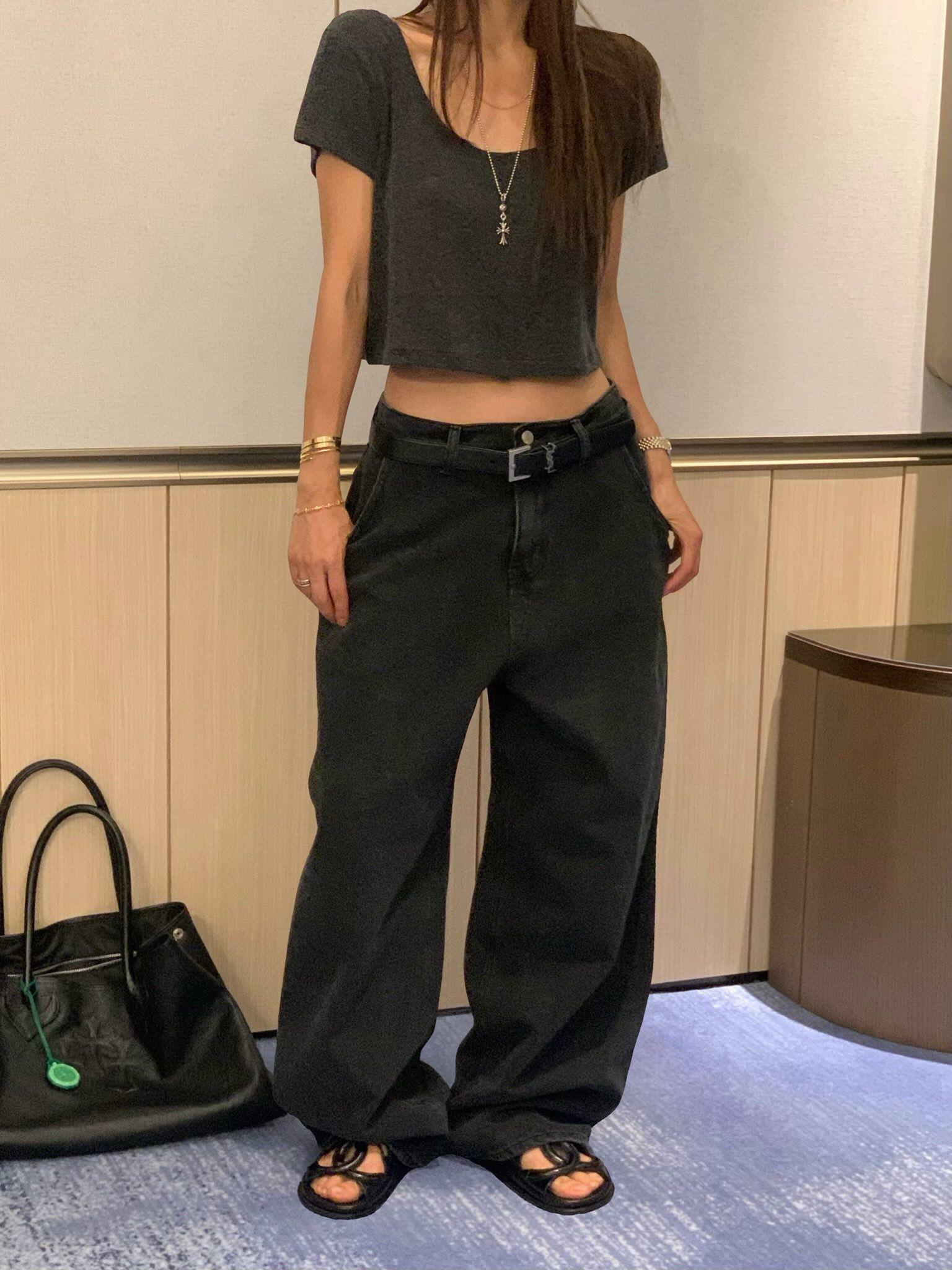 牛仔俐落寬長褲