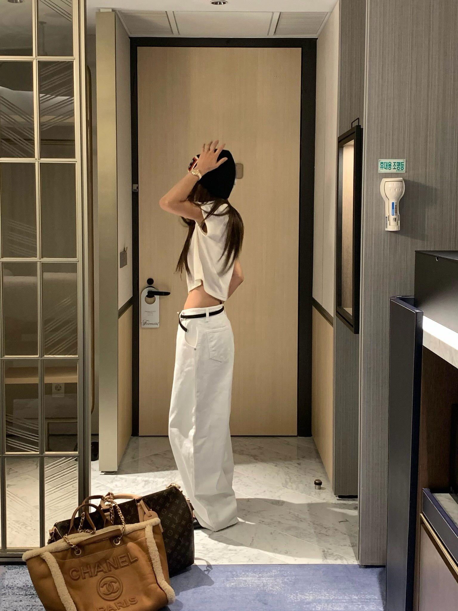 牛仔俐落寬長褲