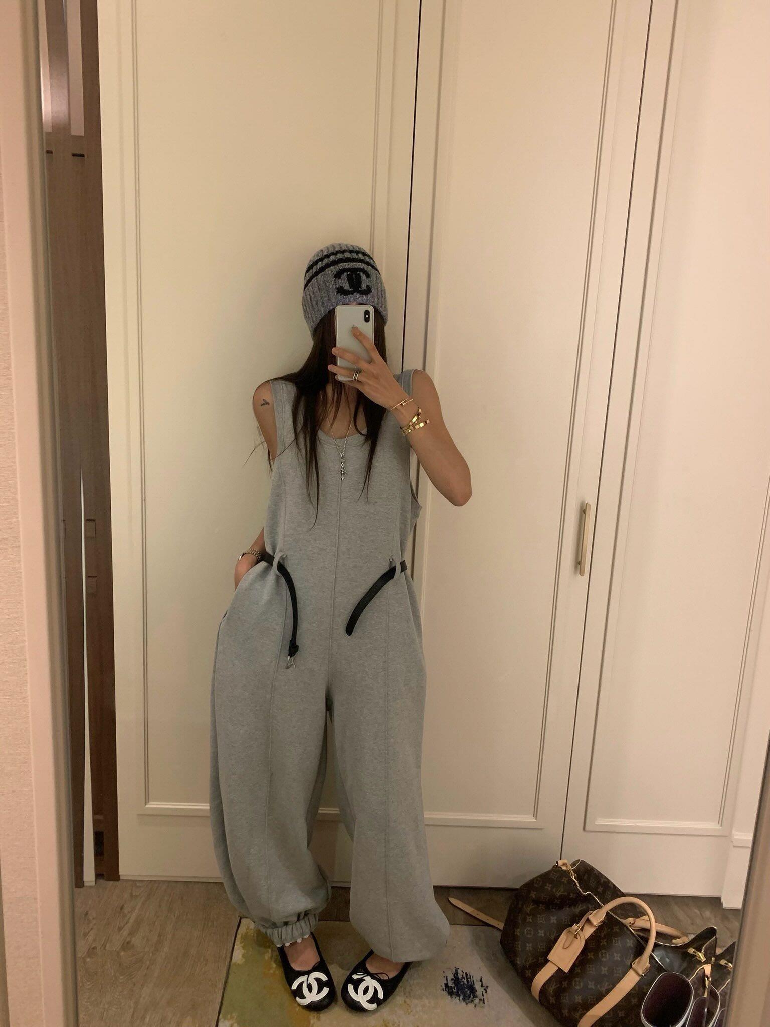 率性棉質寬肩連身長褲