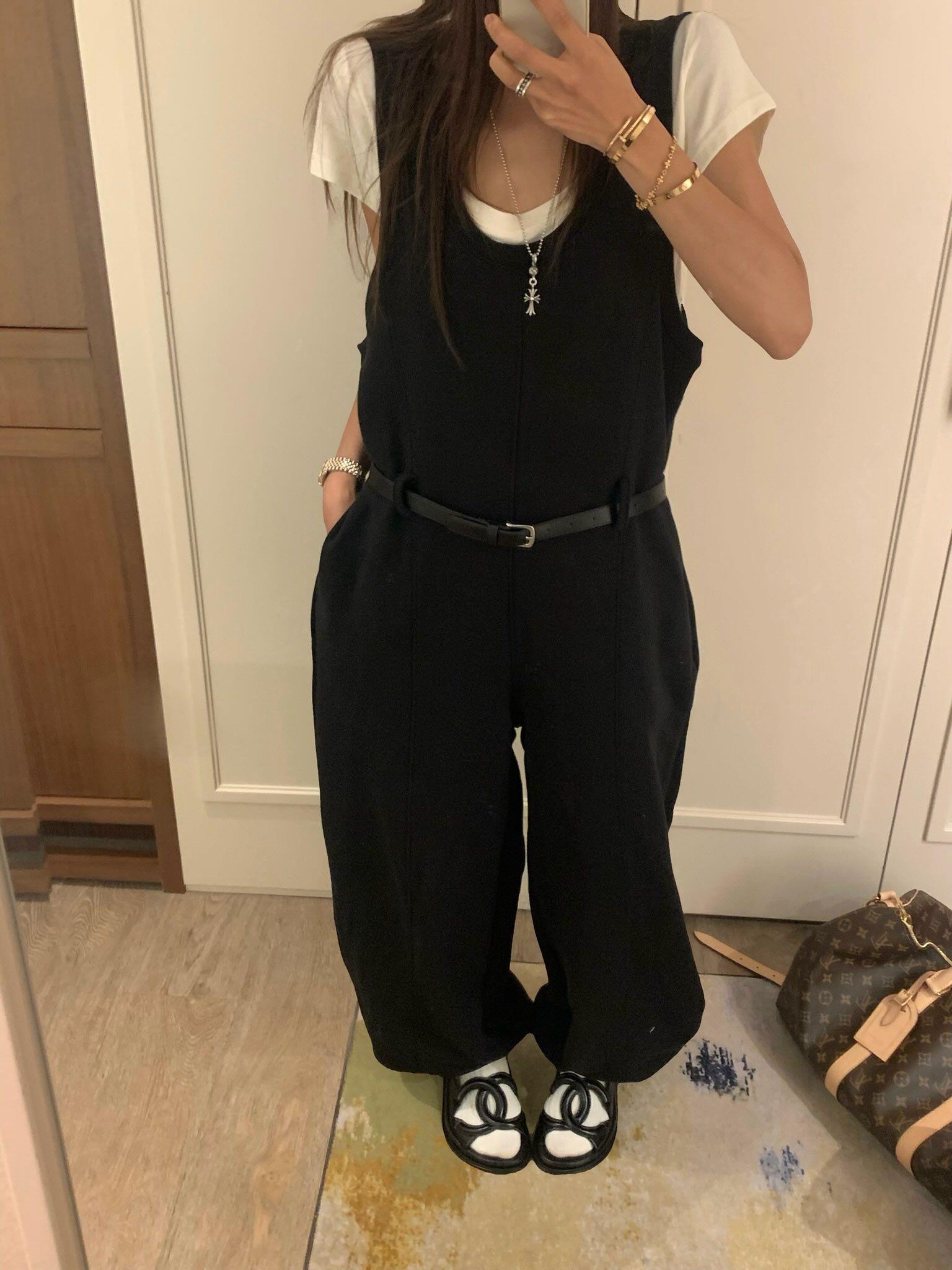 率性棉質寬肩連身長褲
