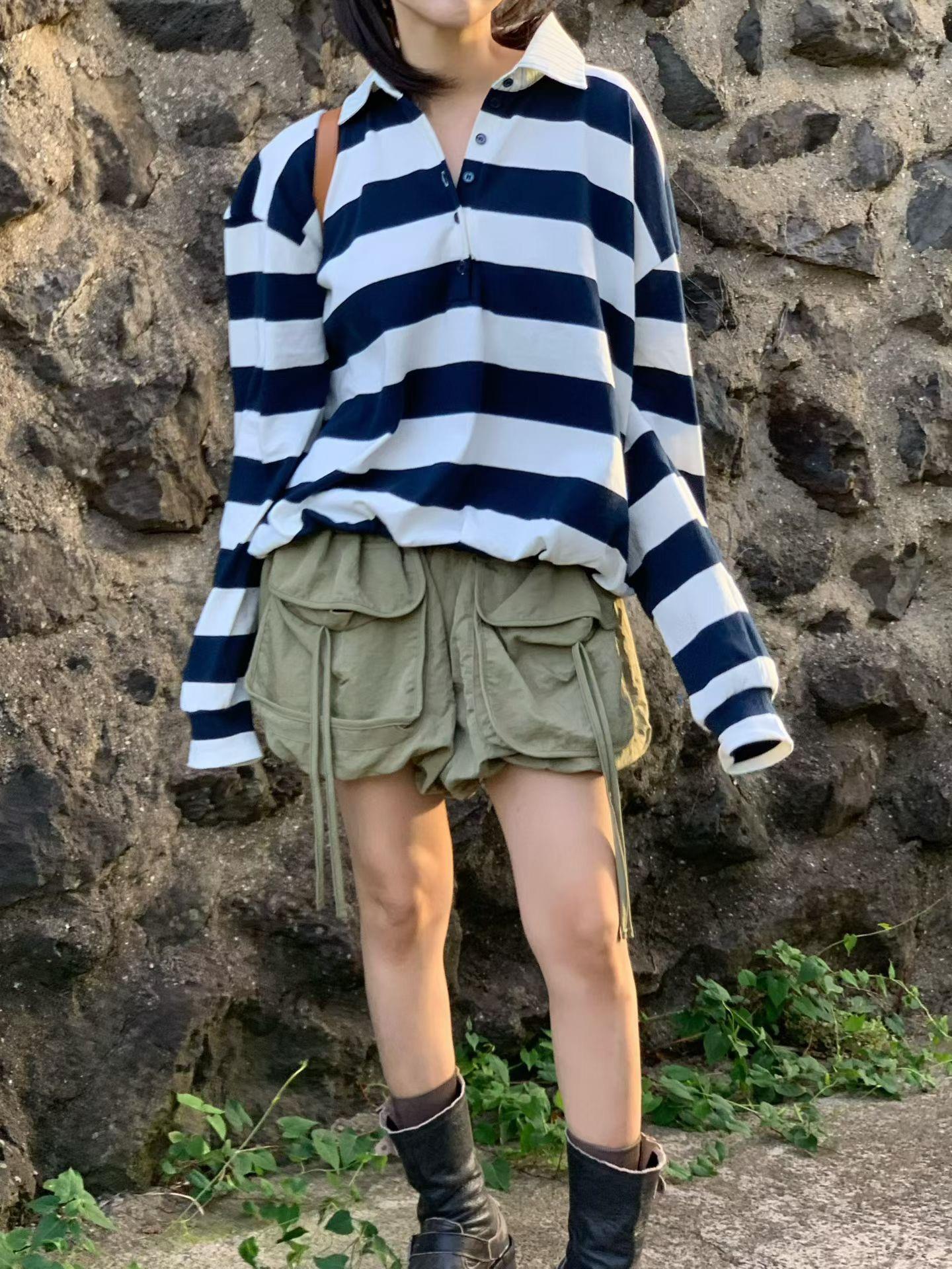 襯衫拼棉質條紋上衣