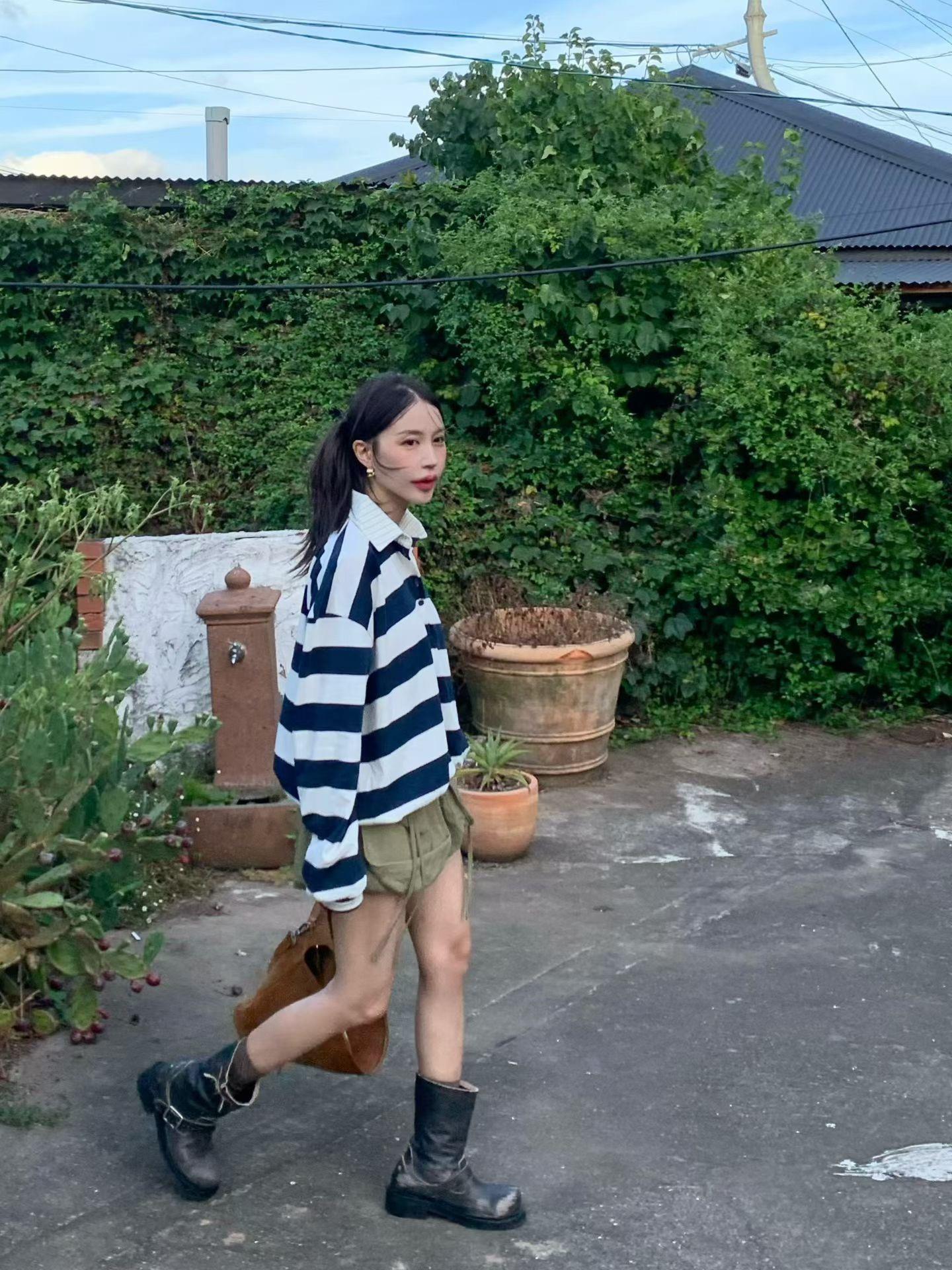 襯衫拼棉質條紋上衣