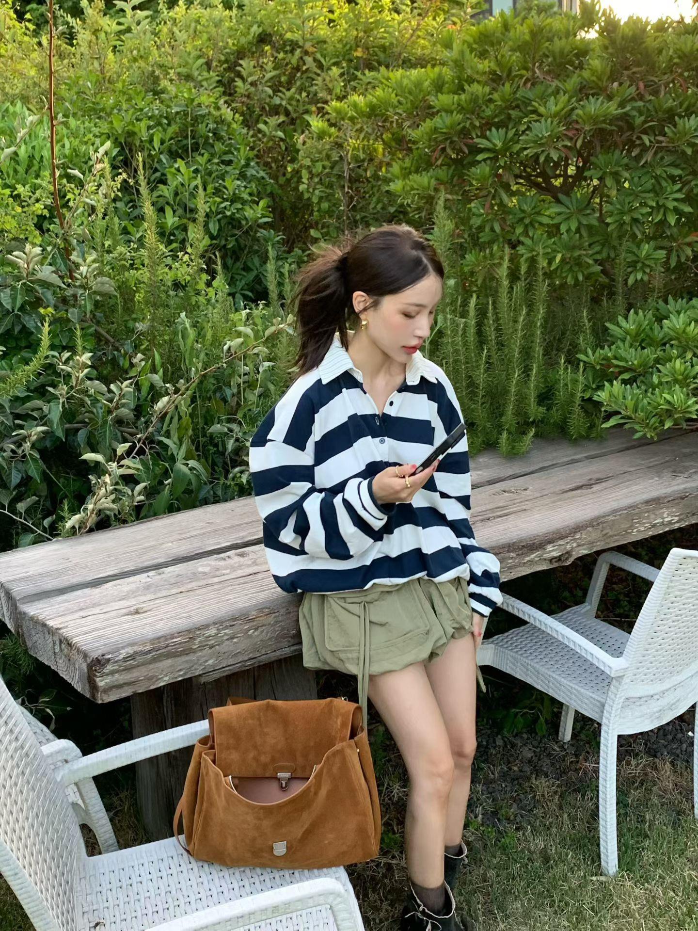 襯衫拼棉質條紋上衣