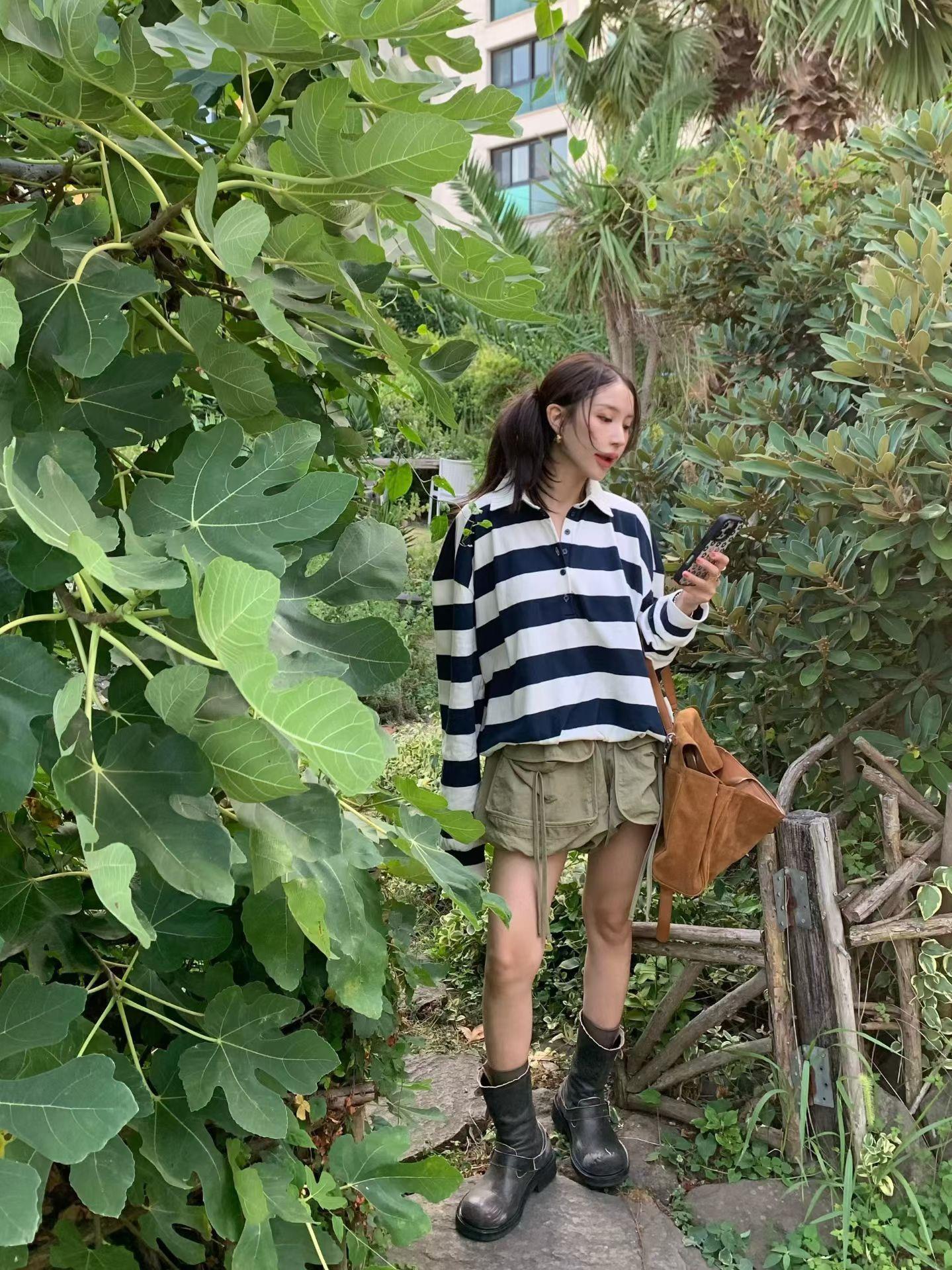 襯衫拼棉質條紋上衣