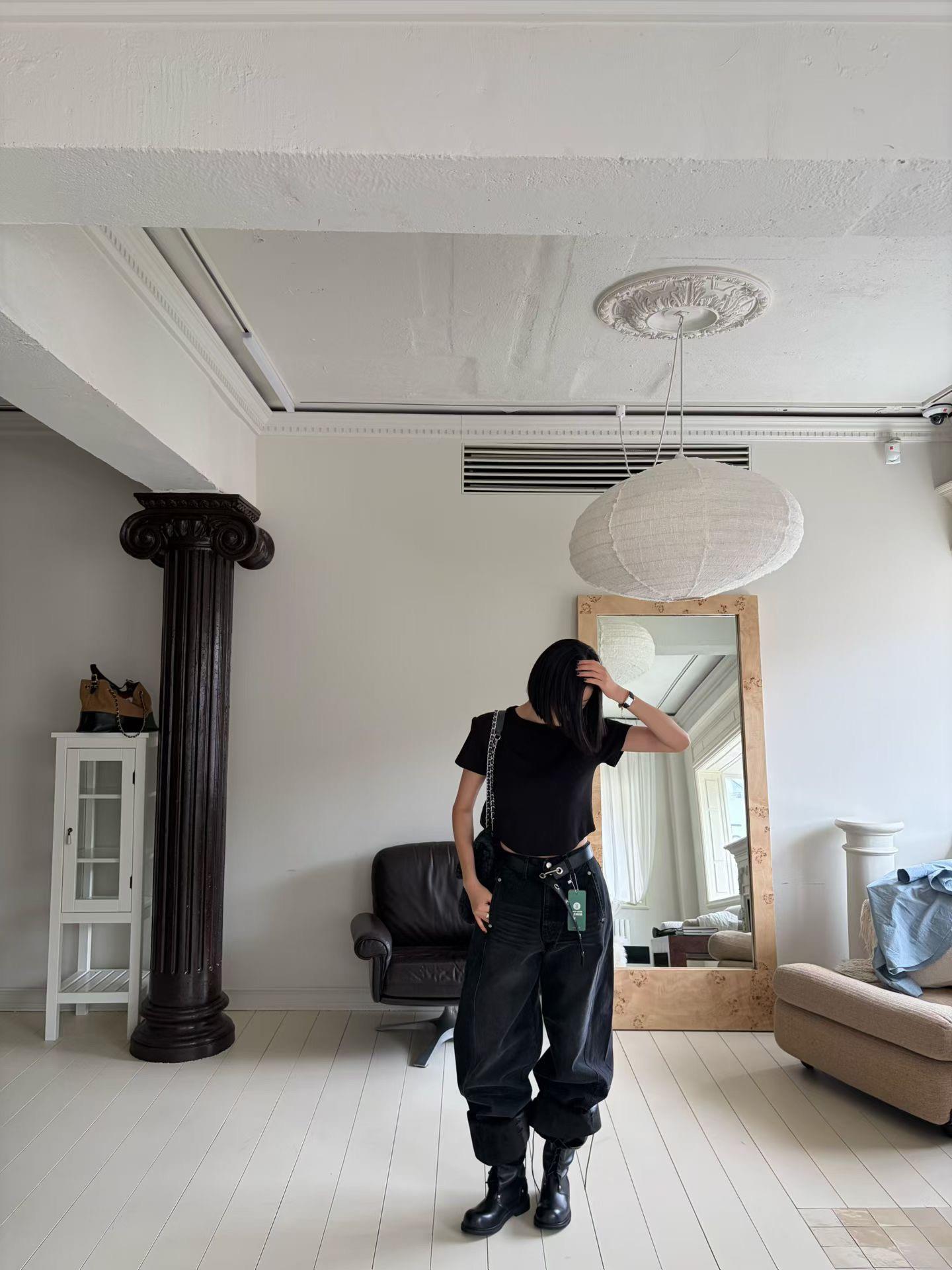 反摺感個性牛仔寬長褲