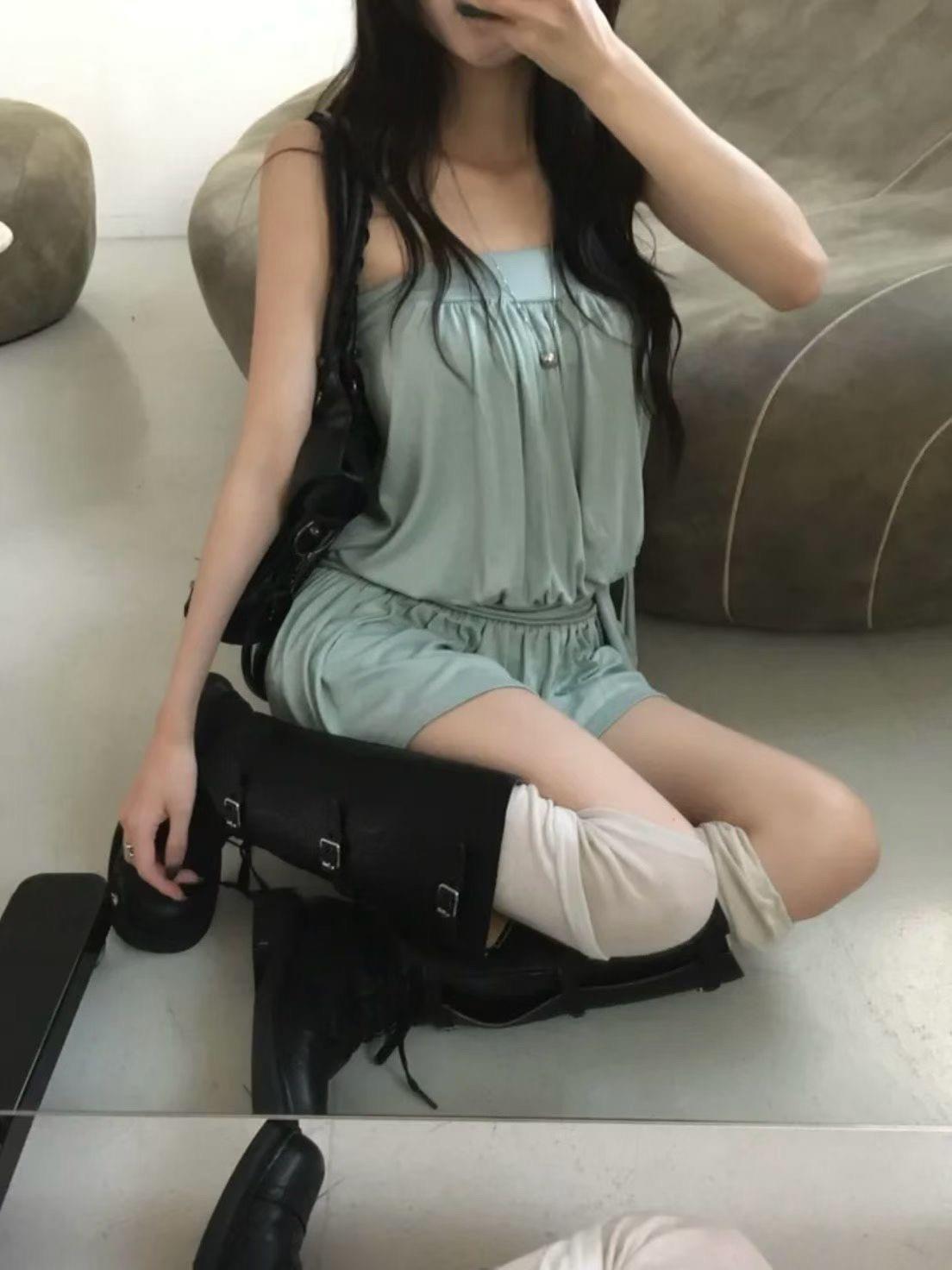 平口側綁帶背心+褲裙套裝