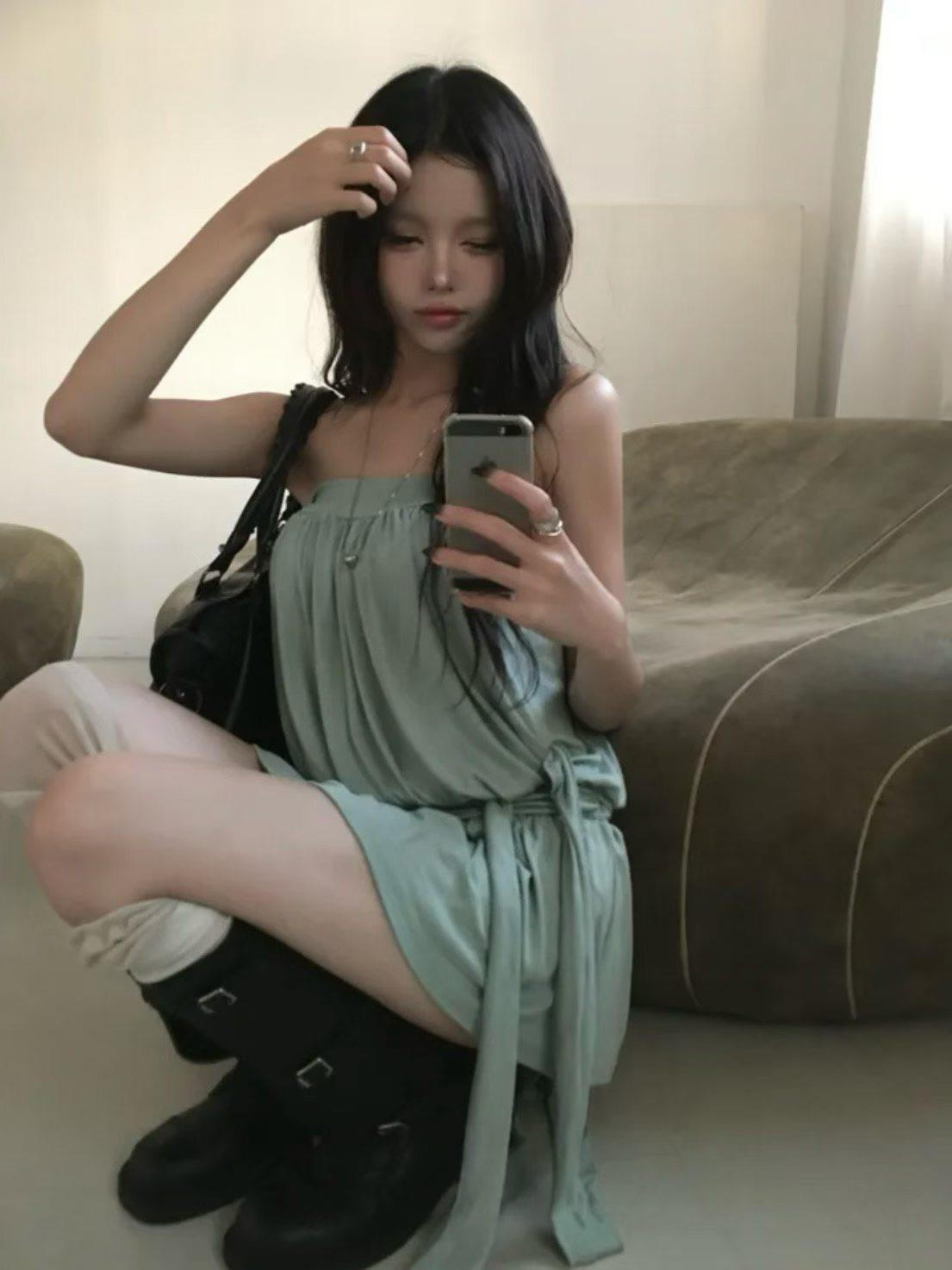 平口側綁帶背心+褲裙套裝