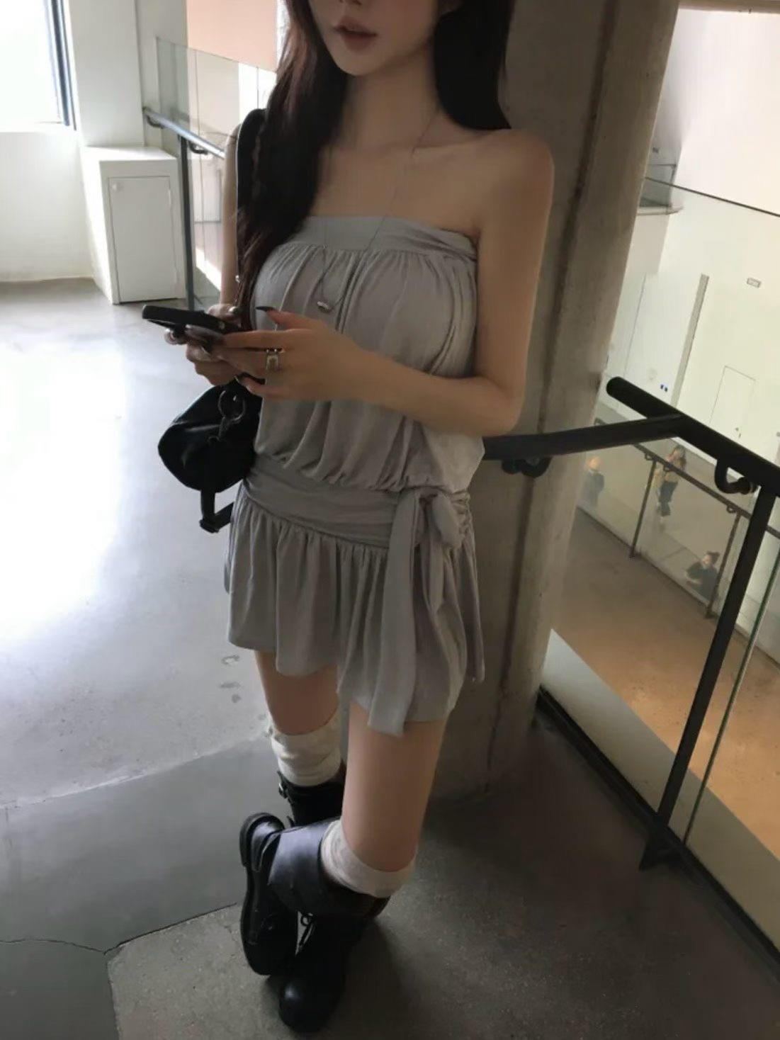 平口側綁帶背心+褲裙套裝