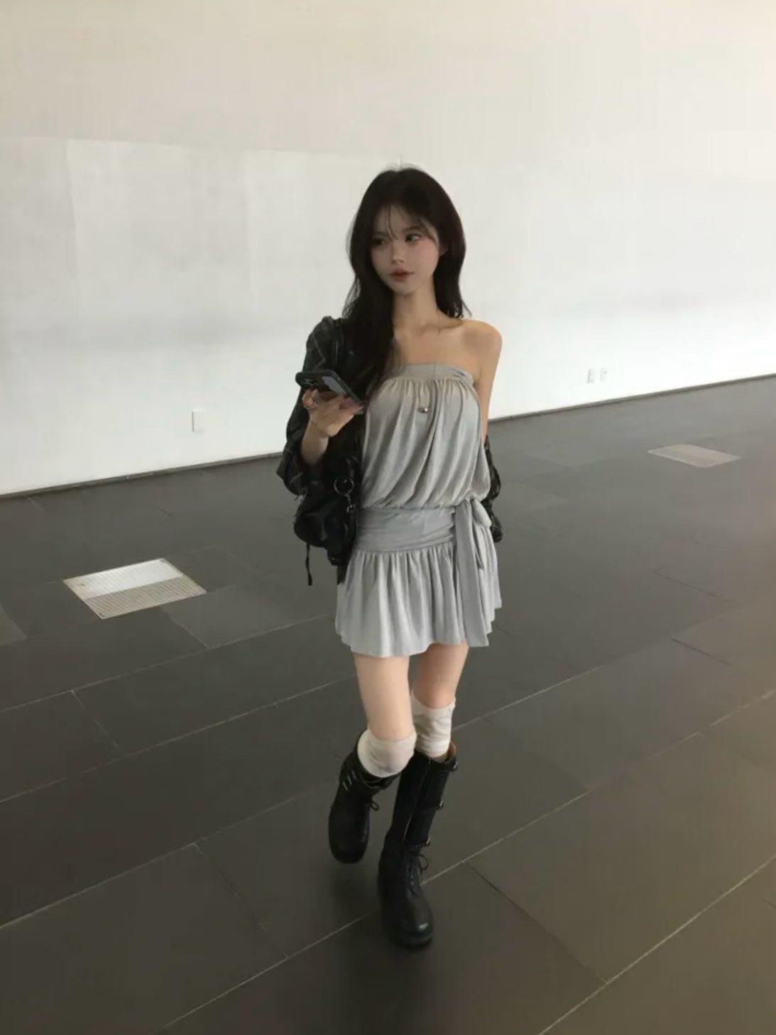 平口側綁帶背心+褲裙套裝