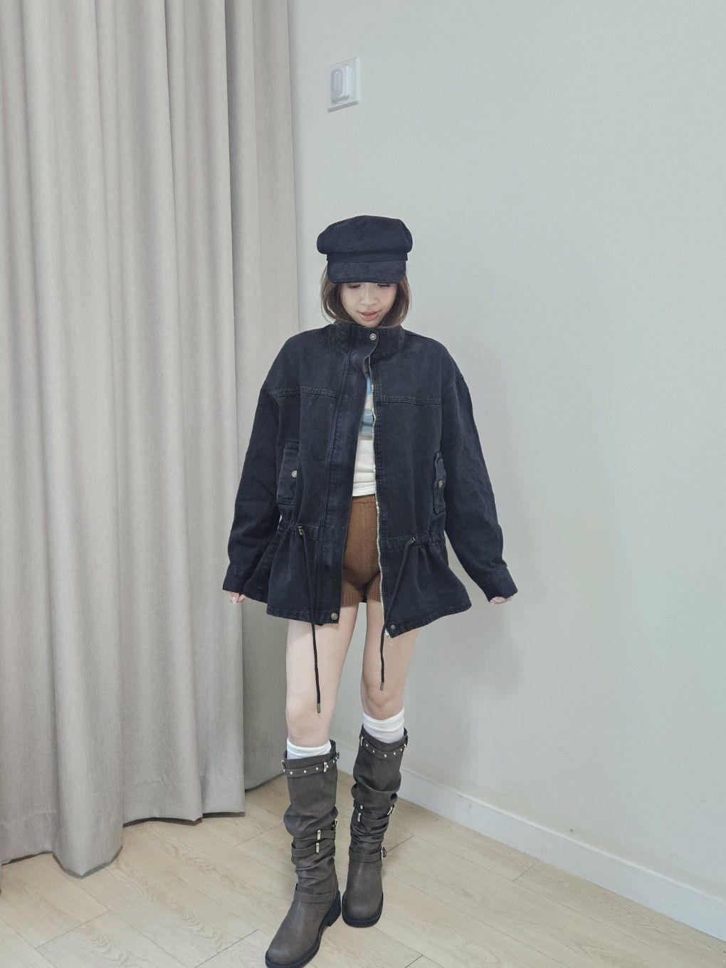 腰抽繩牛仔軍裝外套
