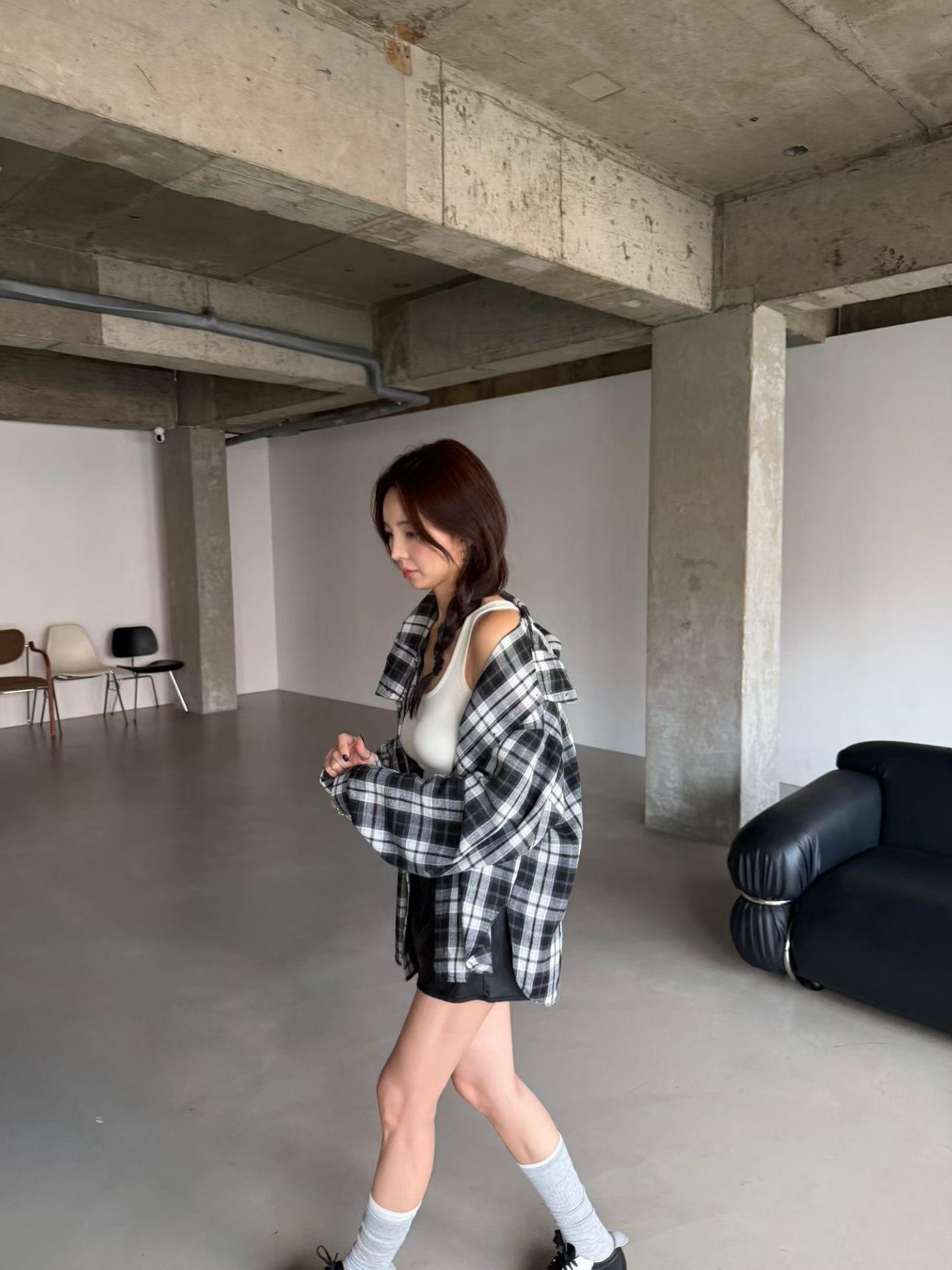 連帽格紋口袋外套
