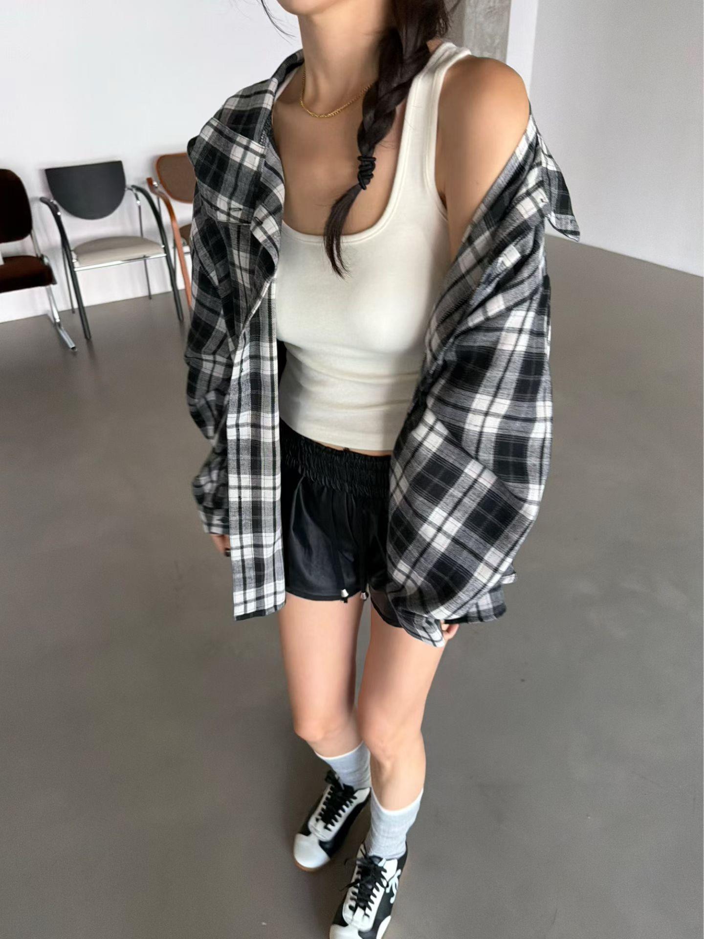 連帽格紋口袋外套