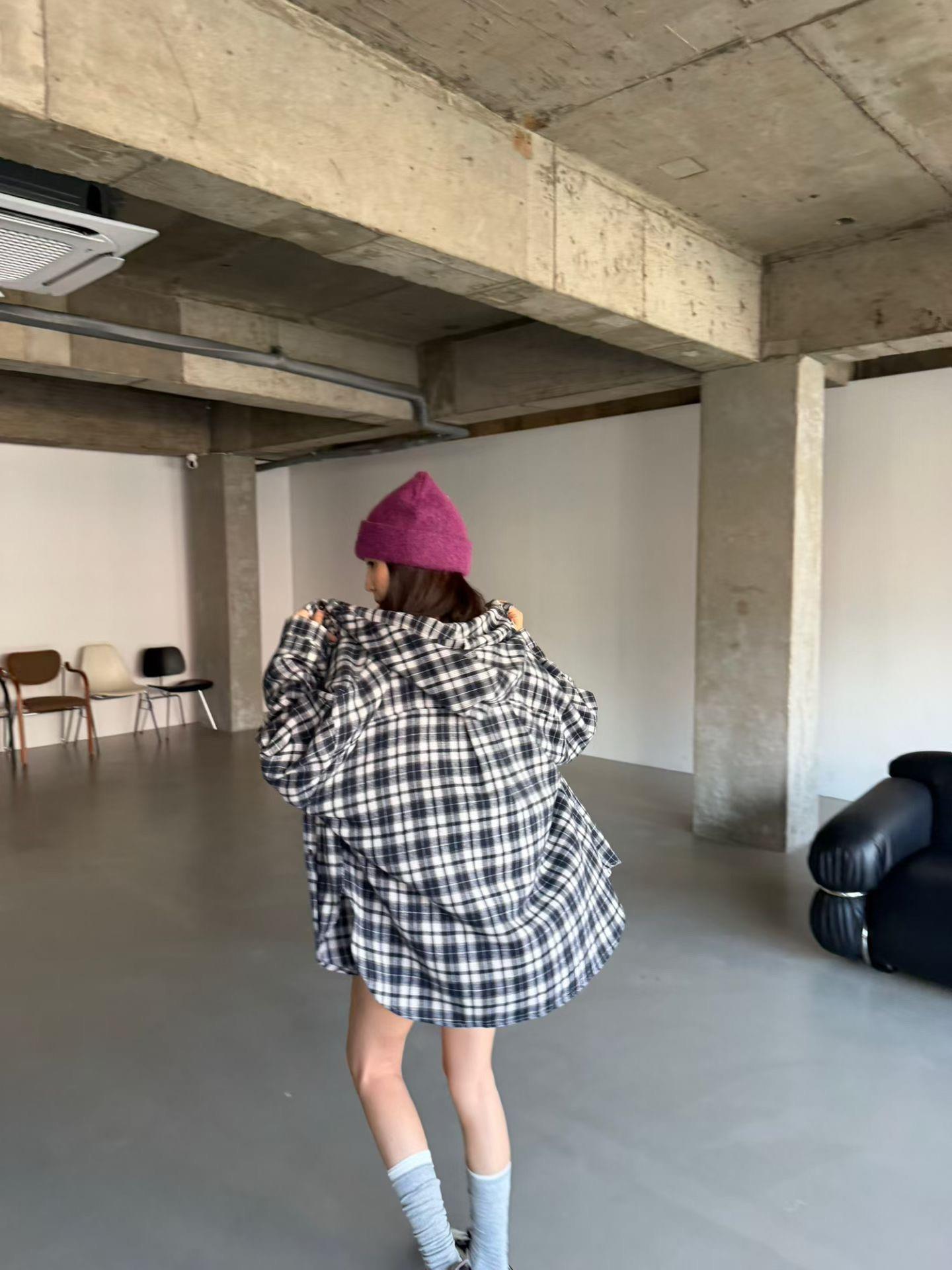 連帽格紋口袋外套