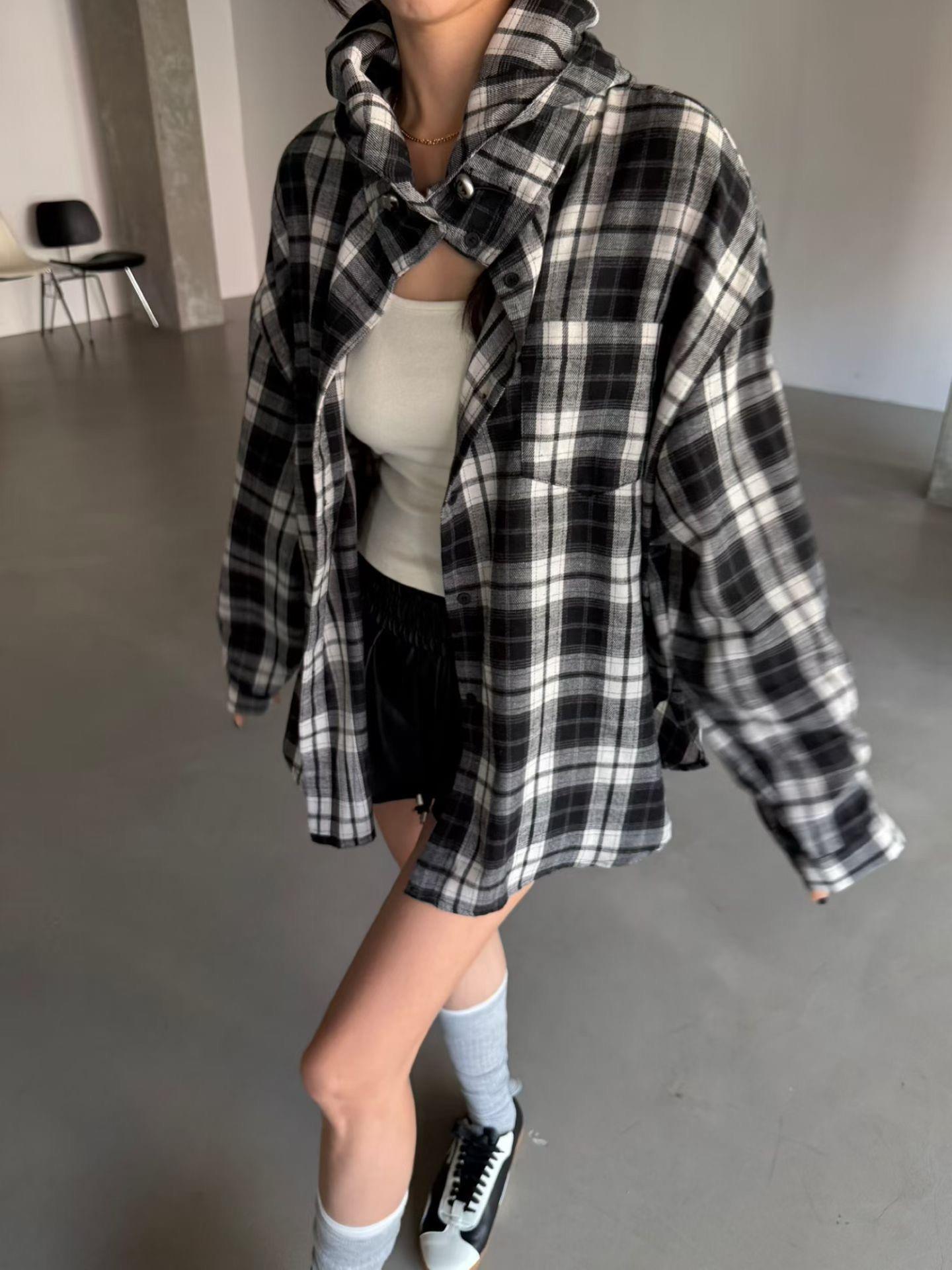 連帽格紋口袋外套