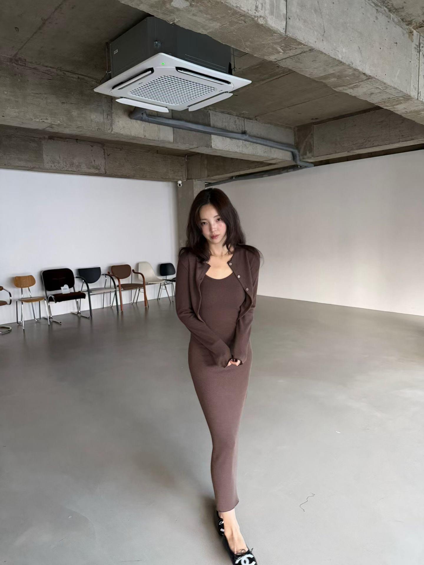 坑條長洋裝外套SET