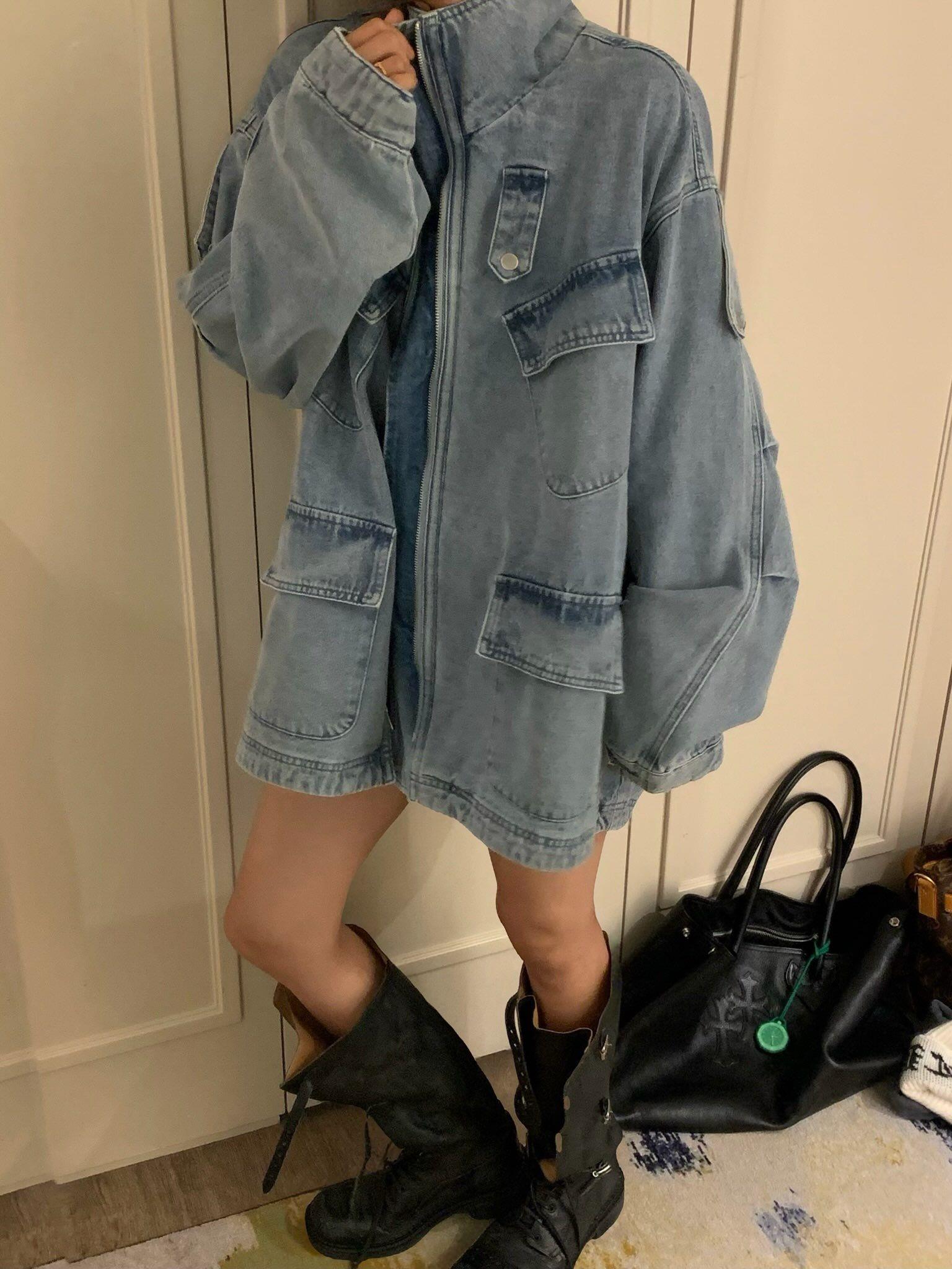 中長立領牛仔外套