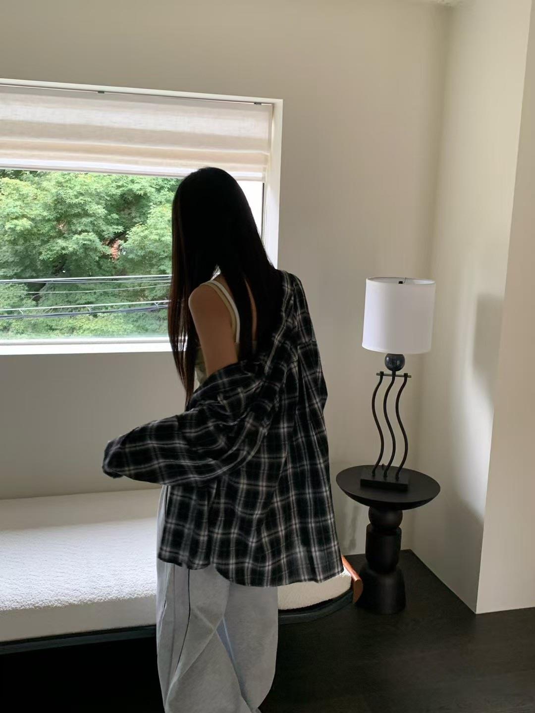 圓弧格紋襯衫外套