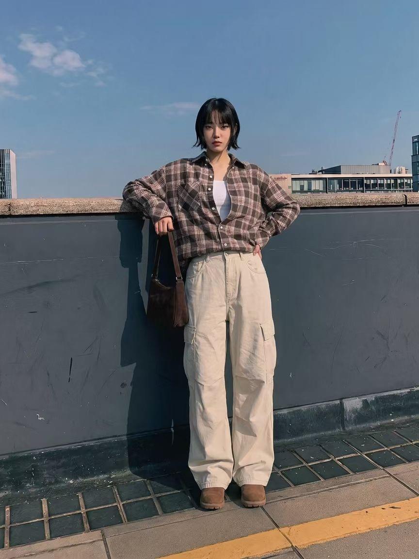 單口袋白扣格紋襯衫