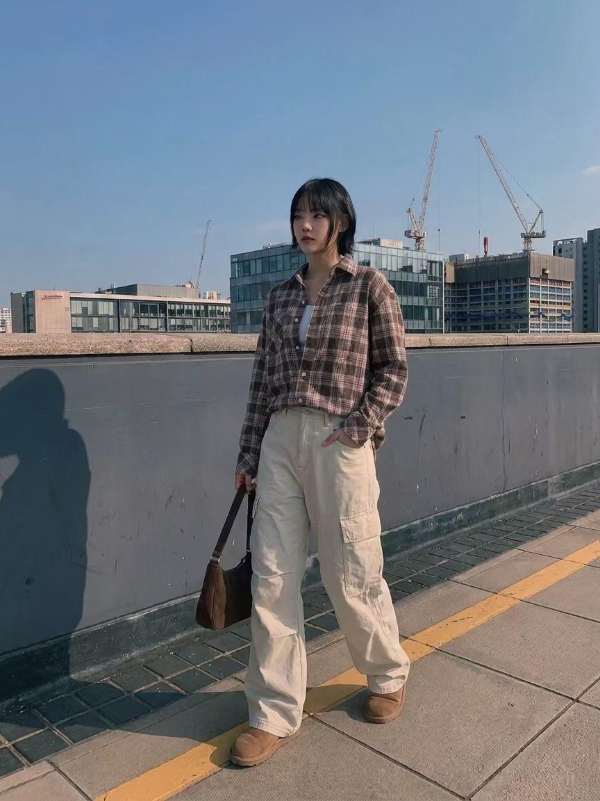 單口袋白扣格紋襯衫