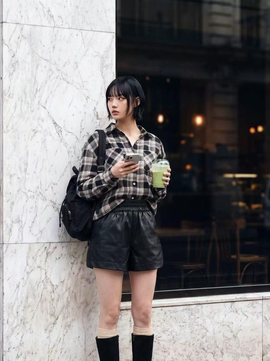 單口袋白扣格紋襯衫