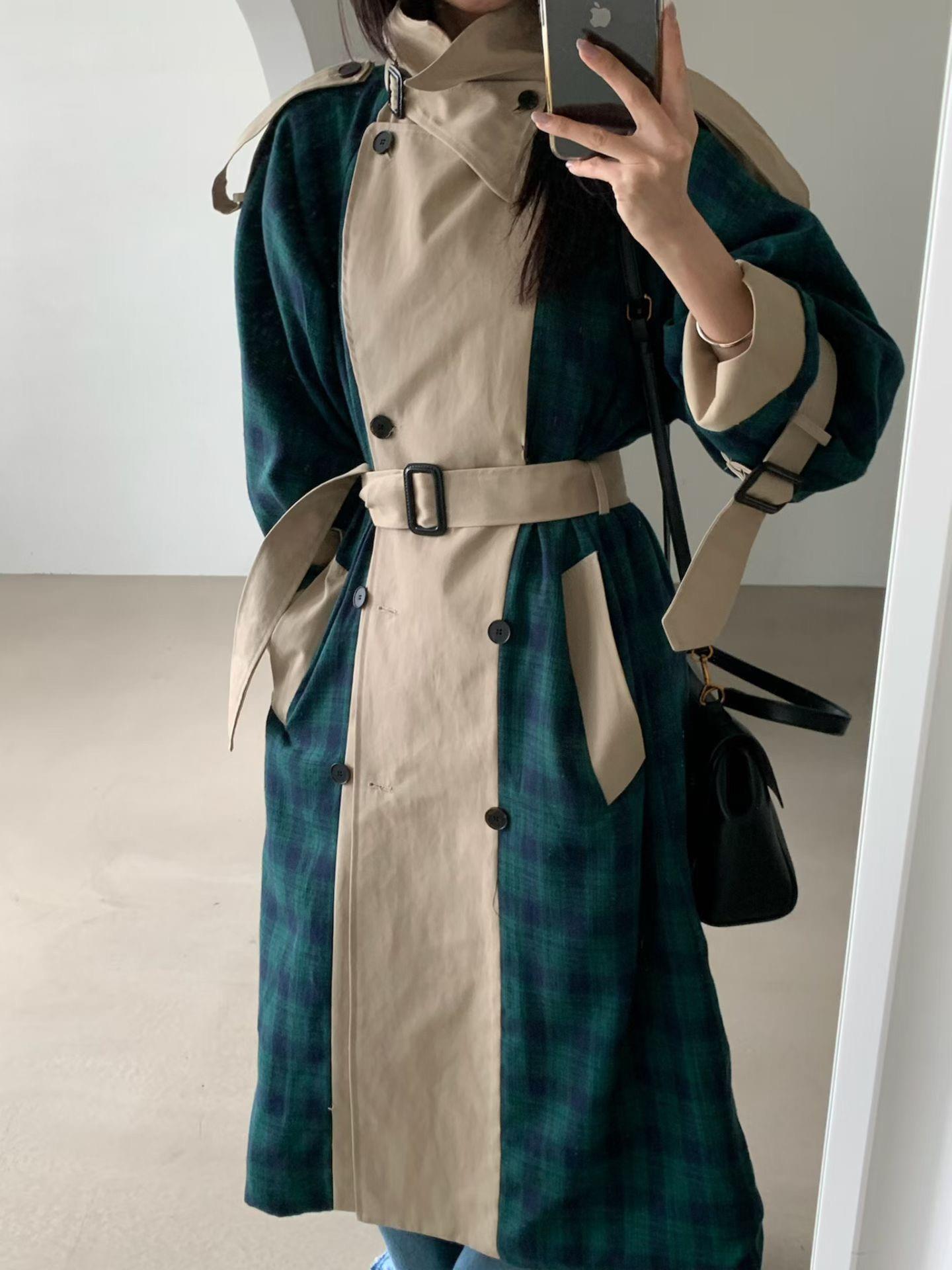 法蘭絨格紋拼接大衣