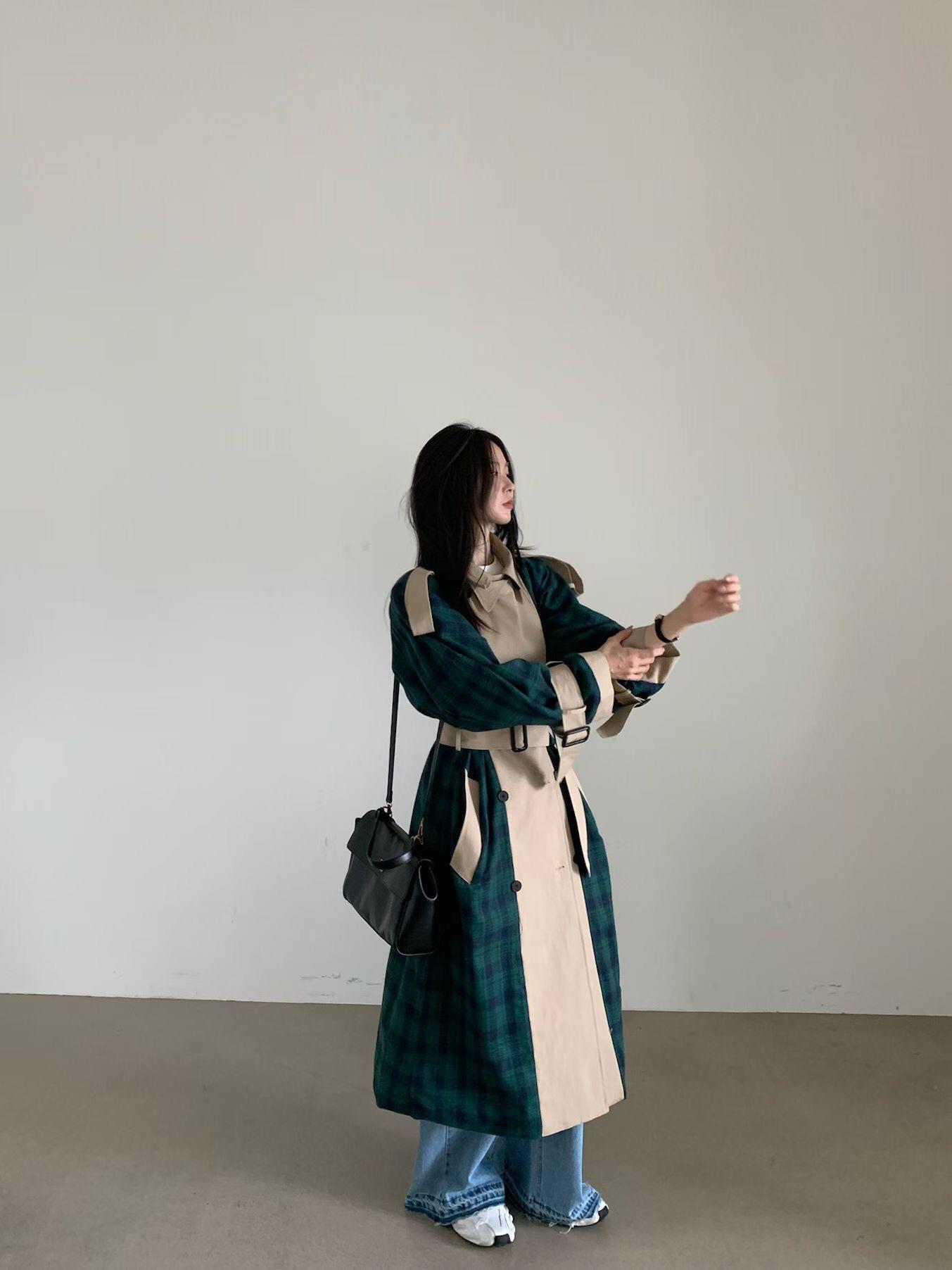 法蘭絨格紋拼接大衣