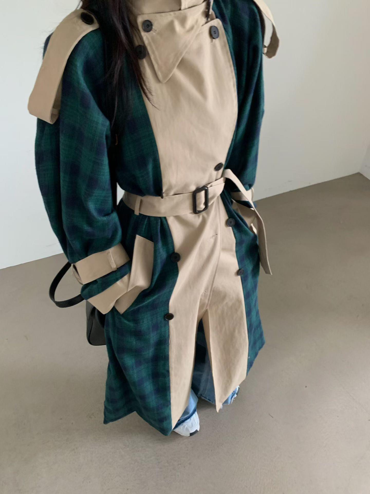 法蘭絨格紋拼接大衣