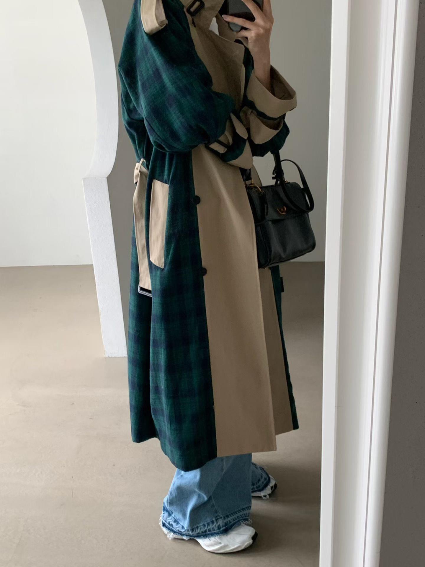 法蘭絨格紋拼接大衣
