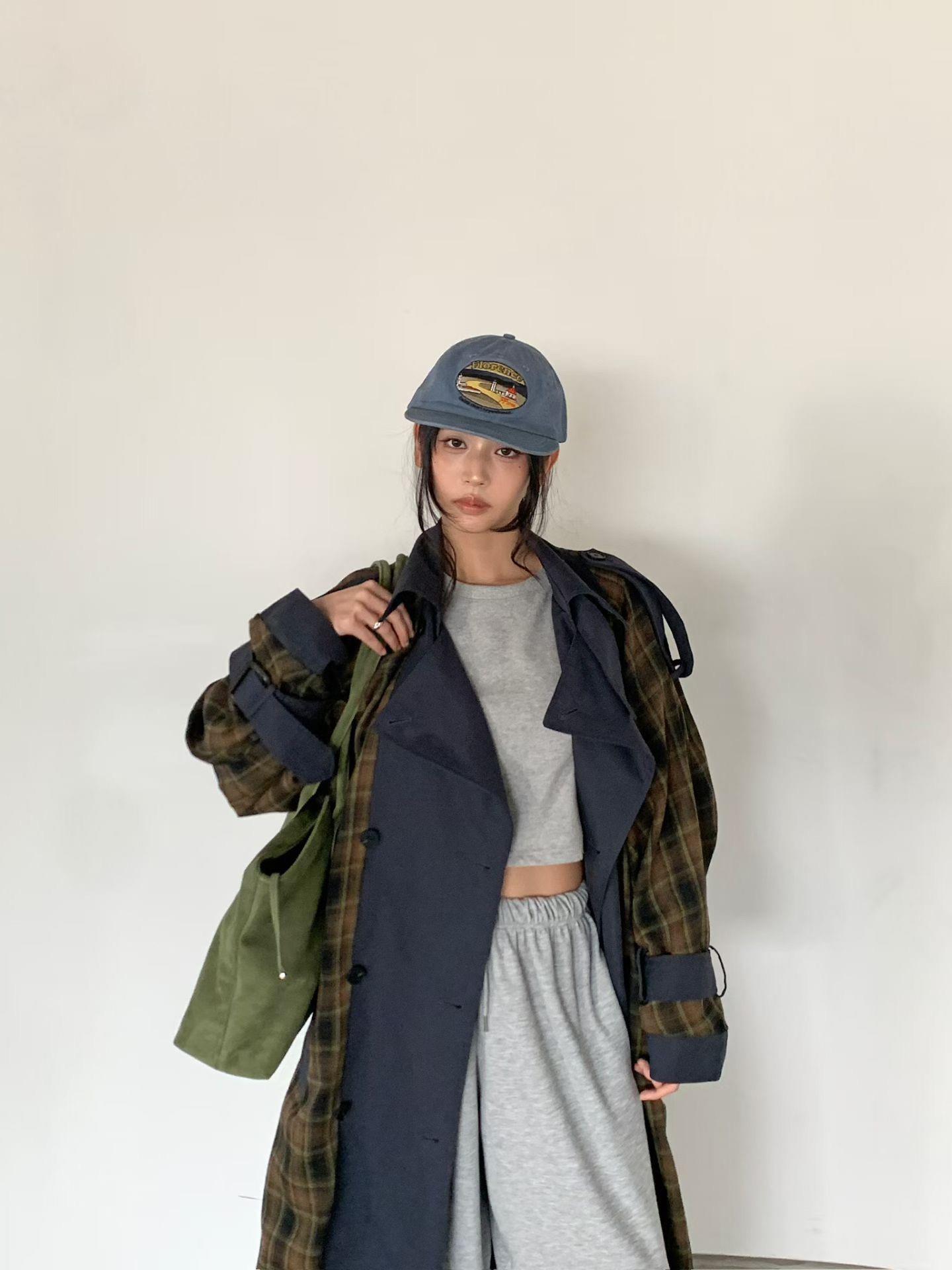 法蘭絨格紋拼接大衣
