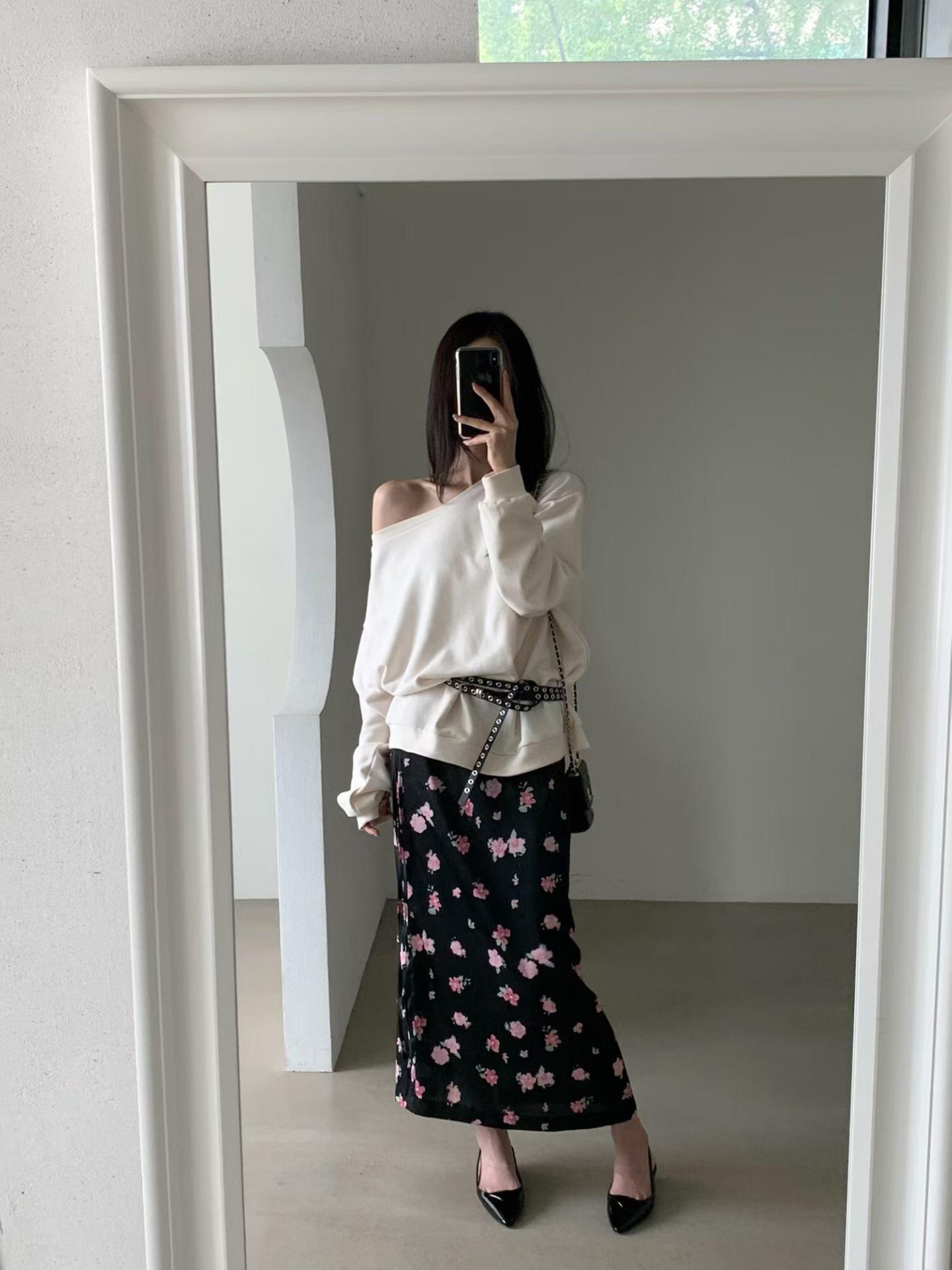 復古花滑布直長裙