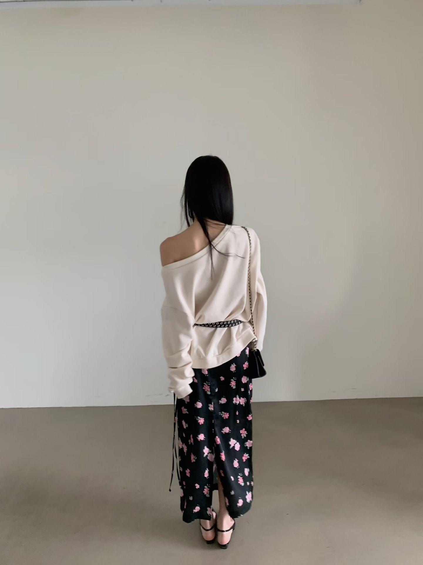復古花滑布直長裙