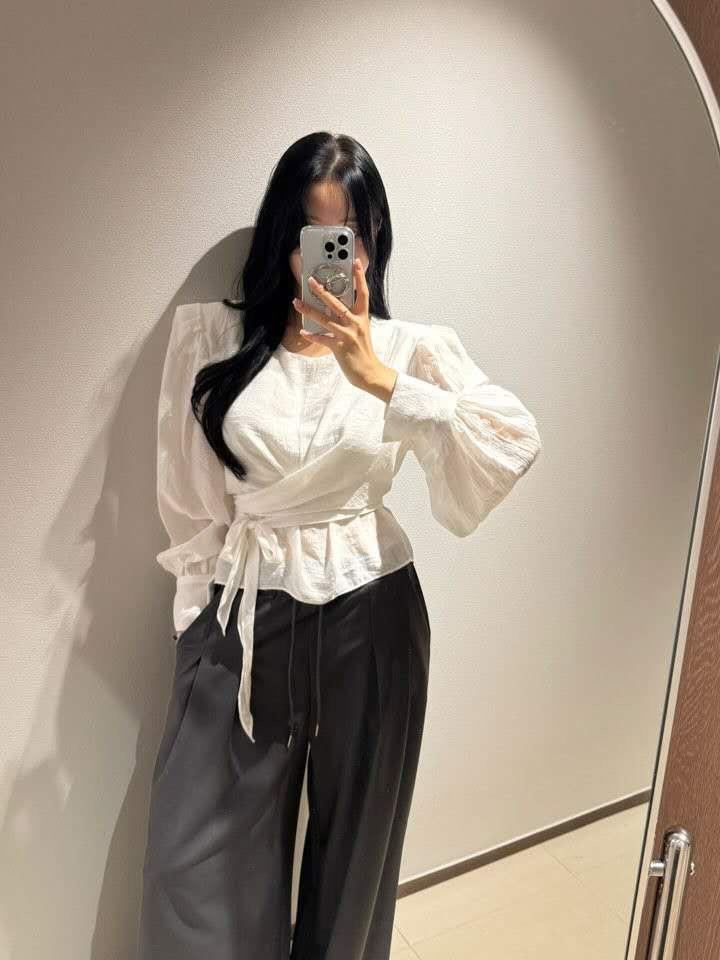 側綁帶長澎袖上衣