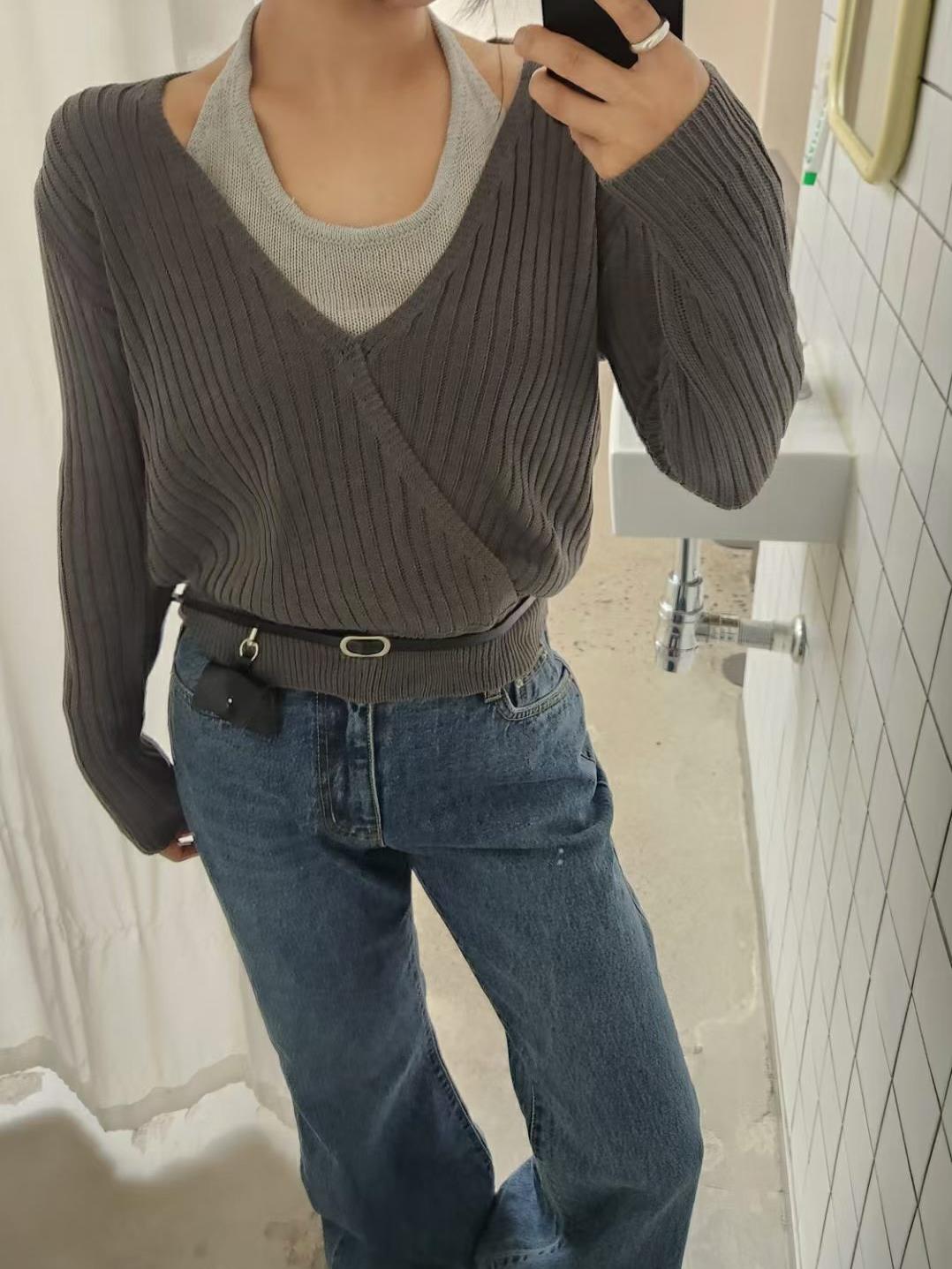 針織兩件式附腰帶上衣